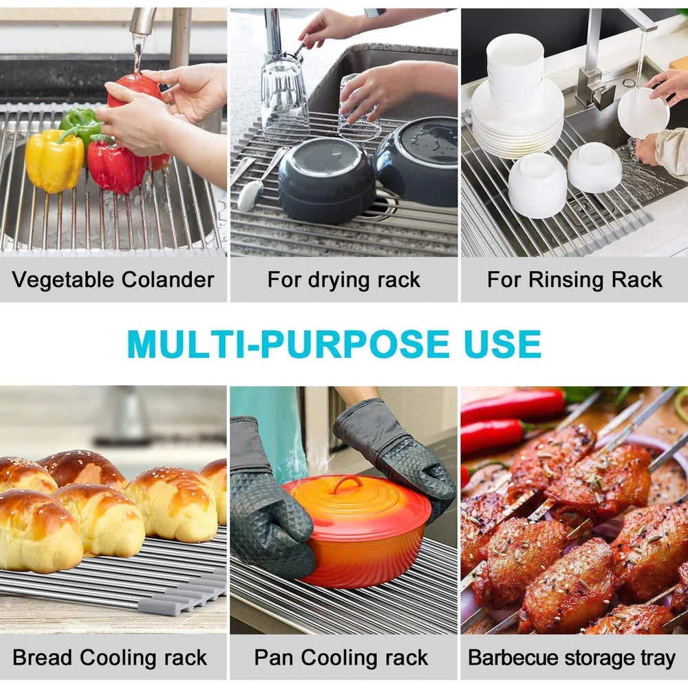Roll-Up Foldable Over-the-Sink Stainless Steel Dish Drying Rack