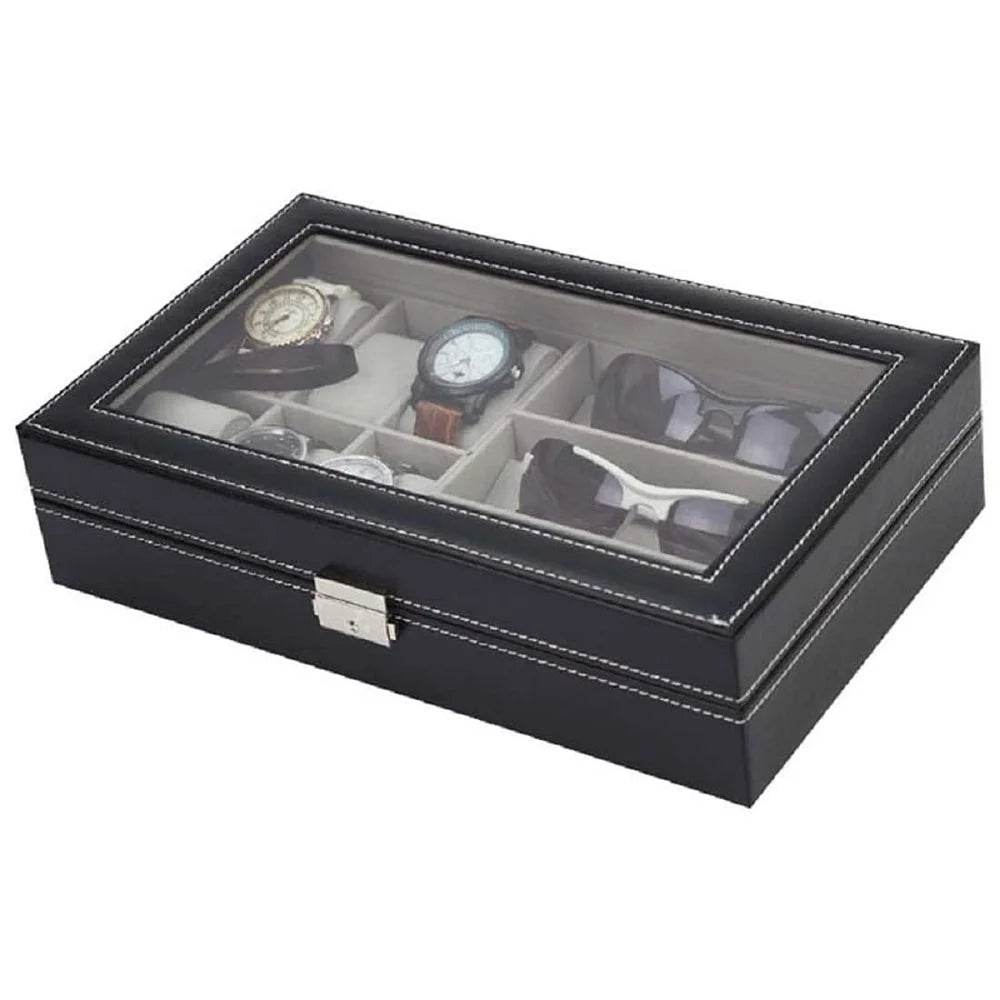 6 Watch & 3 Sunglasses Storage Box - Luxury PU Leather Organizer with Glass Window