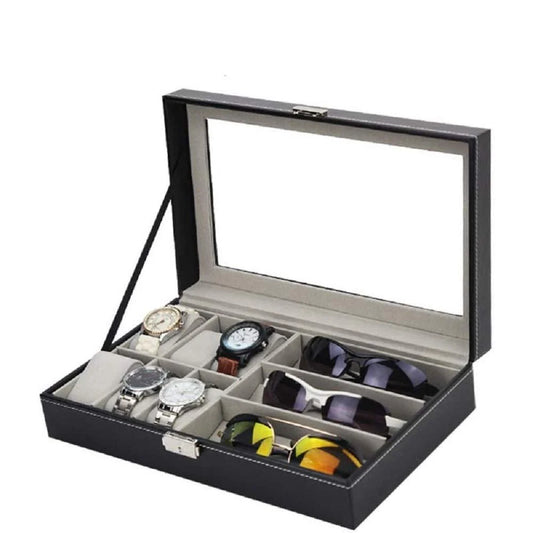 6 Watch & 3 Sunglasses Storage Box - Luxury PU Leather Organizer with Glass Window