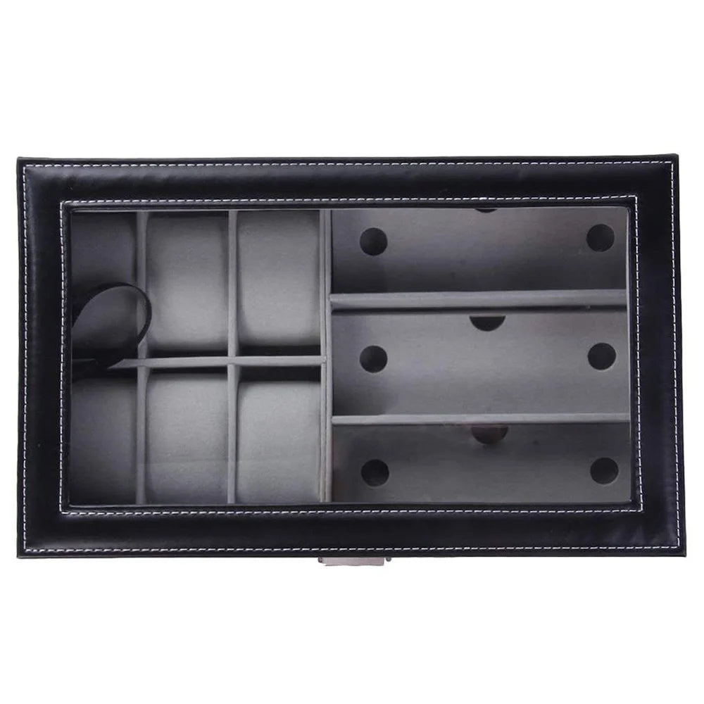 6 Watch & 3 Sunglasses Storage Box - Luxury PU Leather Organizer with Glass Window
