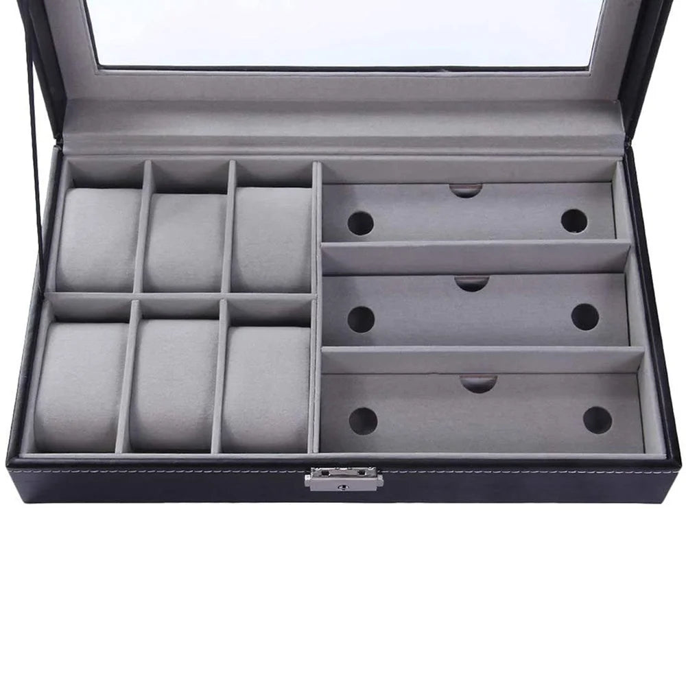 6 Watch & 3 Sunglasses Storage Box - Luxury PU Leather Organizer with Glass Window
