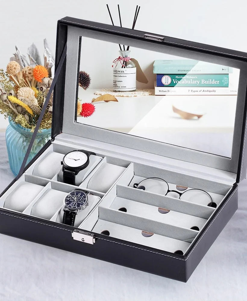 6 Watch & 3 Sunglasses Storage Box - Luxury PU Leather Organizer with Glass Window