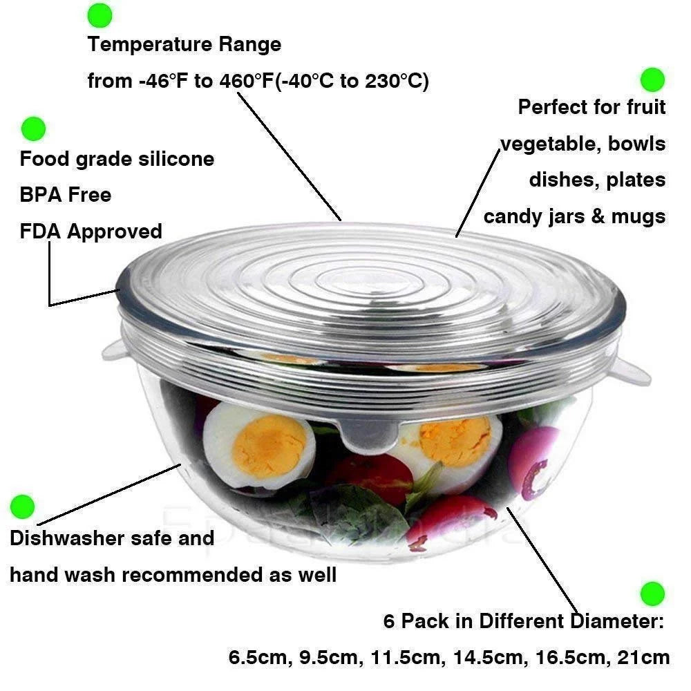 Reusable Silicone Stretchable Food Storage Lids (Set of 6)